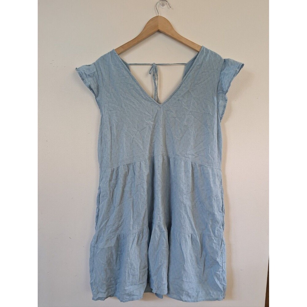 Abercrombie & Fitch 100% Cotton Light Blue V-Neck Tiered Casual Dress Large Tall